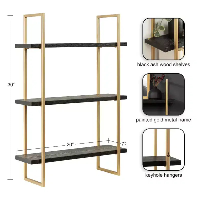Kate & Laurel All Things Decor Étagère murale en bois et métal Leigh de 20 po x 30 po noire : Style Glamour de Luxe, Rangement suspendu à 3 niveaux