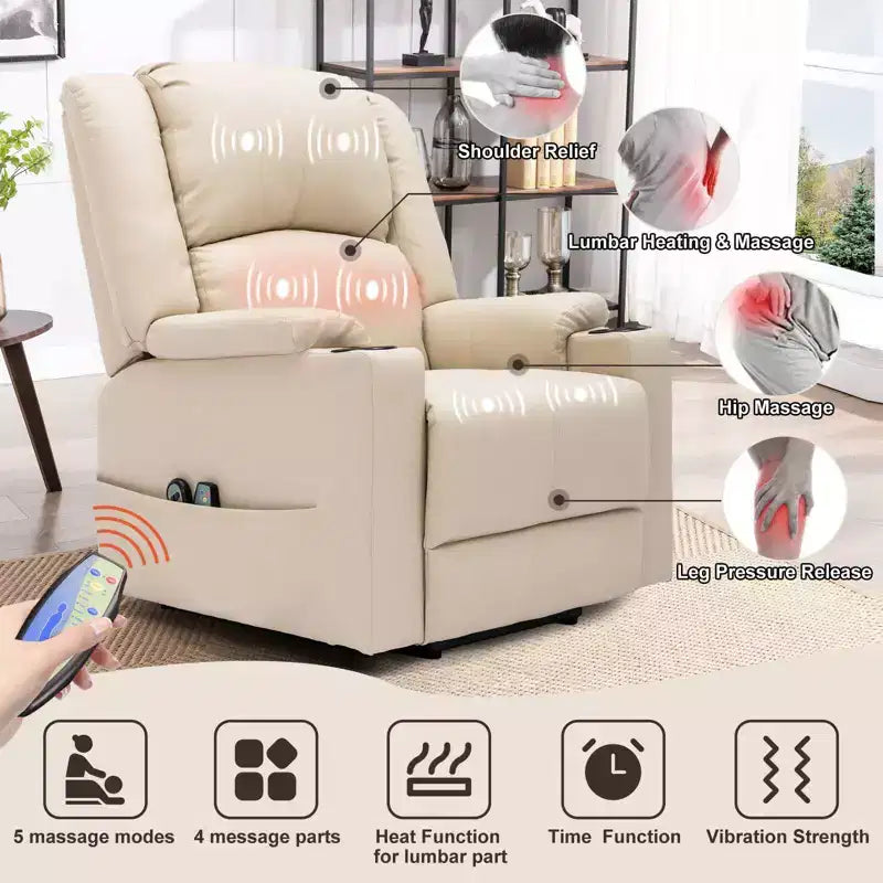 COMHOMA Fauteuil Inclinable de Massage en Similicuir avec Fonction Relevable Blanc Crème