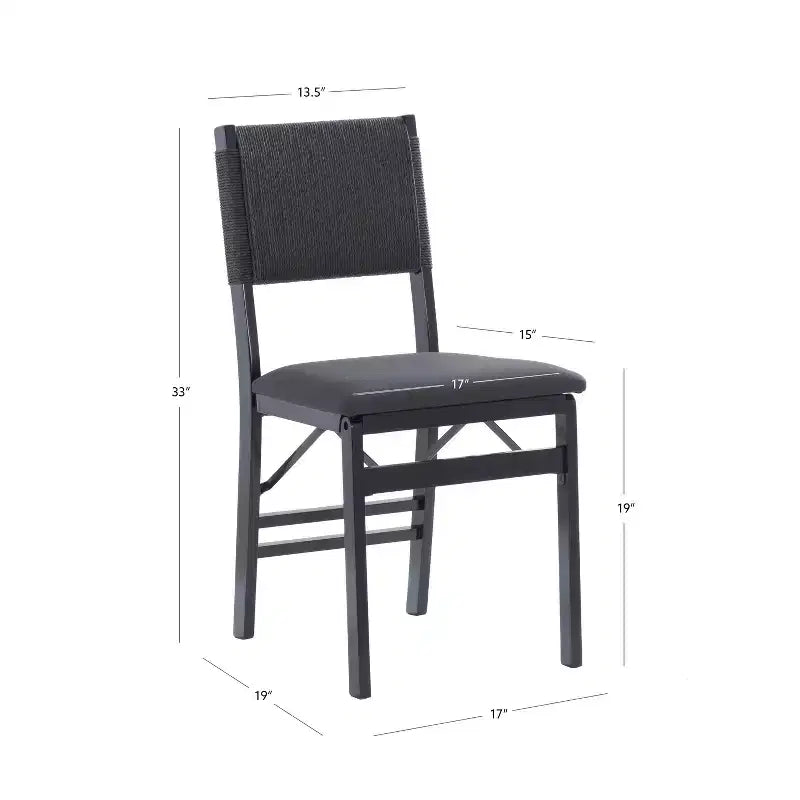 Lot de 2 chaises pliantes modernes du milieu du siècle avec dossier en corde de la Tamise et assise rembourrée noires : Bois d'hévéa, revêtement en polyester, aucun assemblage requis