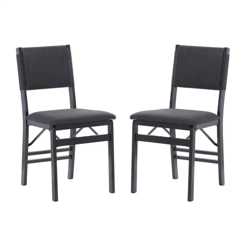 Lot de 2 chaises pliantes modernes du milieu du siècle avec dossier en corde de la Tamise et assise rembourrée noires : Bois d'hévéa, revêtement en polyester, aucun assemblage requis