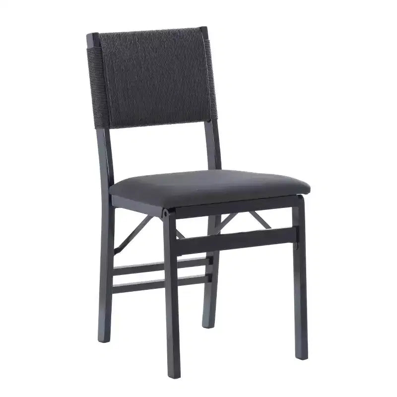 Lot de 2 chaises pliantes modernes du milieu du siècle avec dossier en corde de la Tamise et assise rembourrée noires : Bois d'hévéa, revêtement en polyester, aucun assemblage requis