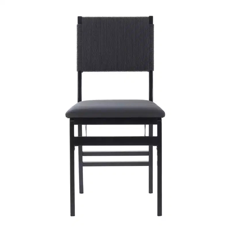 Lot de 2 chaises pliantes modernes du milieu du siècle avec dossier en corde de la Tamise et assise rembourrée noires : Bois d'hévéa, revêtement en polyester, aucun assemblage requis