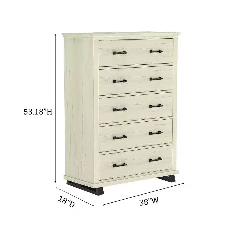 Ensemble commode contemporaine 9 tiroirs et chiffonnier 5 tiroirs 96,5 cm, aspect bois scié blanc cassé : Rangement de chambre avec assemblage adulte requis