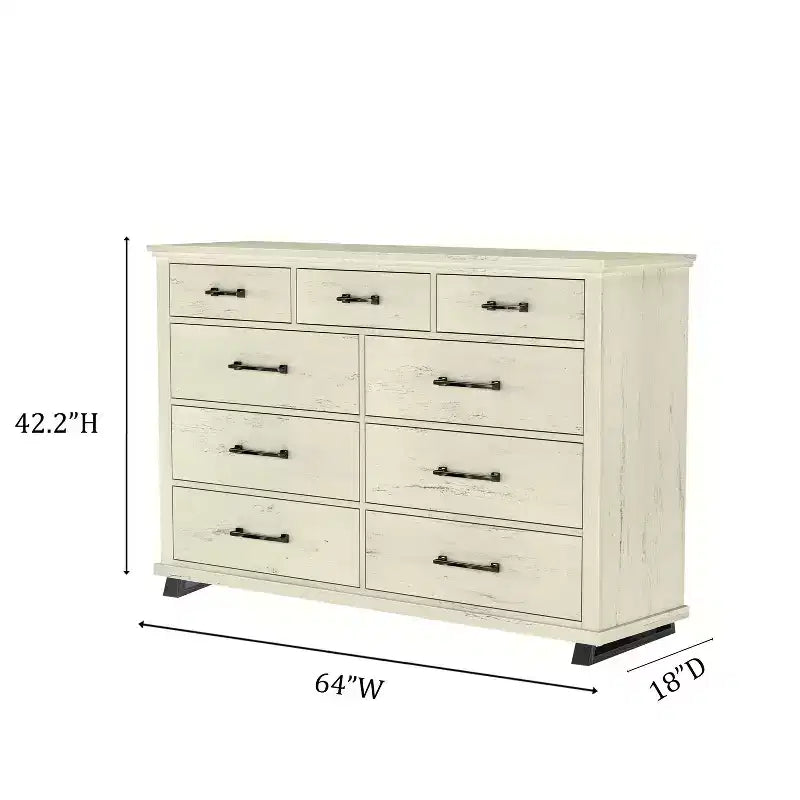 Ensemble commode contemporaine 9 tiroirs et chiffonnier 5 tiroirs 96,5 cm, aspect bois scié blanc cassé : Rangement de chambre avec assemblage adulte requis