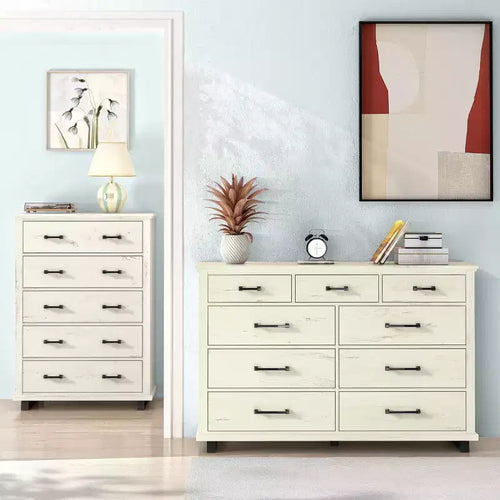 Ensemble commode contemporaine 9 tiroirs et chiffonnier 5 tiroirs 96,5 cm, aspect bois scié blanc cassé : Rangement de chambre avec assemblage adulte requis