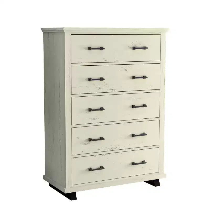 Ensemble commode contemporaine 9 tiroirs et chiffonnier 5 tiroirs 96,5 cm, aspect bois scié blanc cassé : Rangement de chambre avec assemblage adulte requis