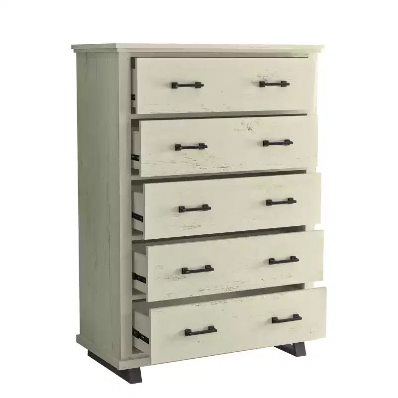 Ensemble commode contemporaine 9 tiroirs et chiffonnier 5 tiroirs 96,5 cm, aspect bois scié blanc cassé : Rangement de chambre avec assemblage adulte requis