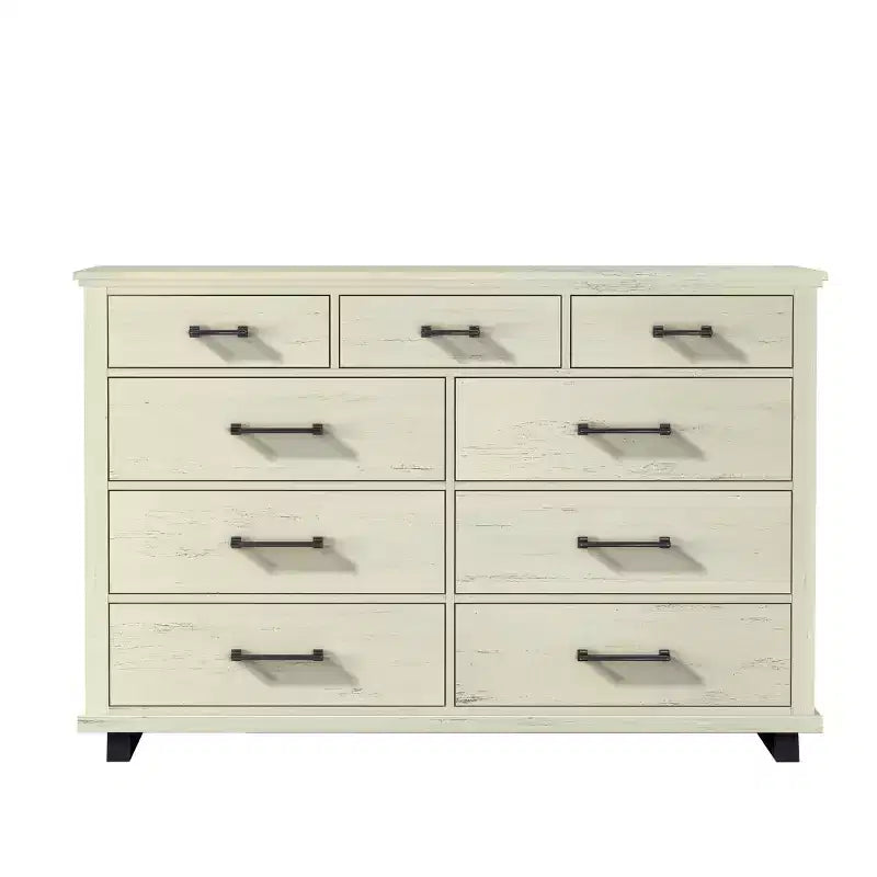 Ensemble commode contemporaine 9 tiroirs et chiffonnier 5 tiroirs 96,5 cm, aspect bois scié blanc cassé : Rangement de chambre avec assemblage adulte requis
