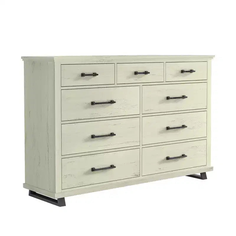 Ensemble commode contemporaine 9 tiroirs et chiffonnier 5 tiroirs 96,5 cm, aspect bois scié blanc cassé : Rangement de chambre avec assemblage adulte requis