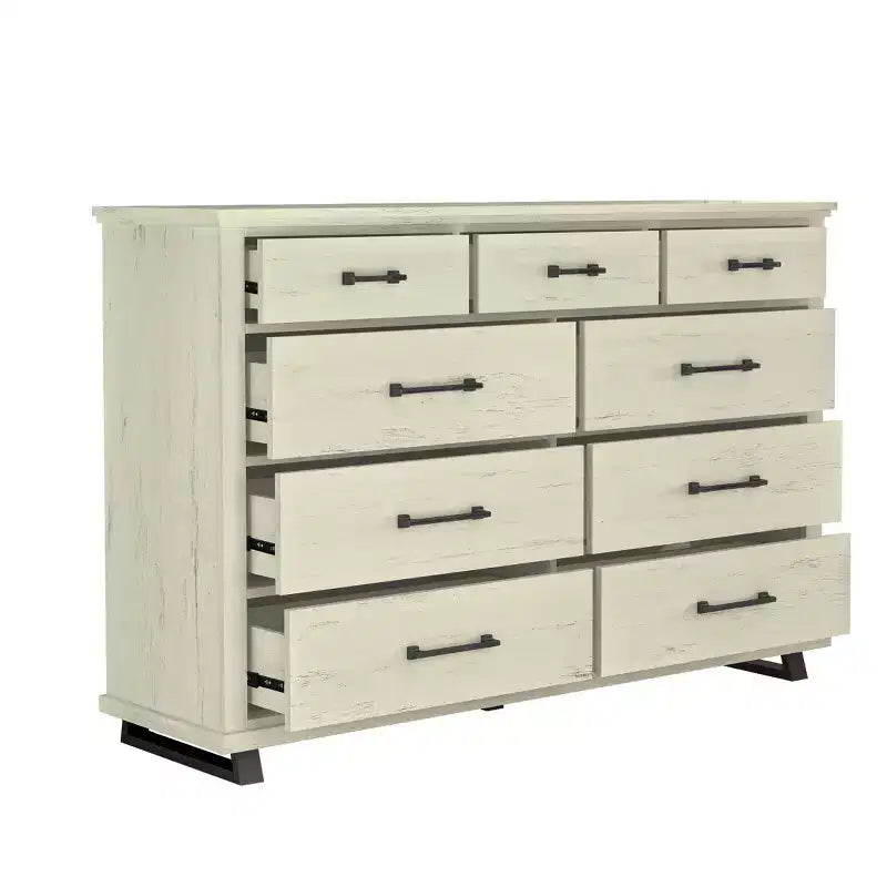 Ensemble commode contemporaine 9 tiroirs et chiffonnier 5 tiroirs 96,5 cm, aspect bois scié blanc cassé : Rangement de chambre avec assemblage adulte requis