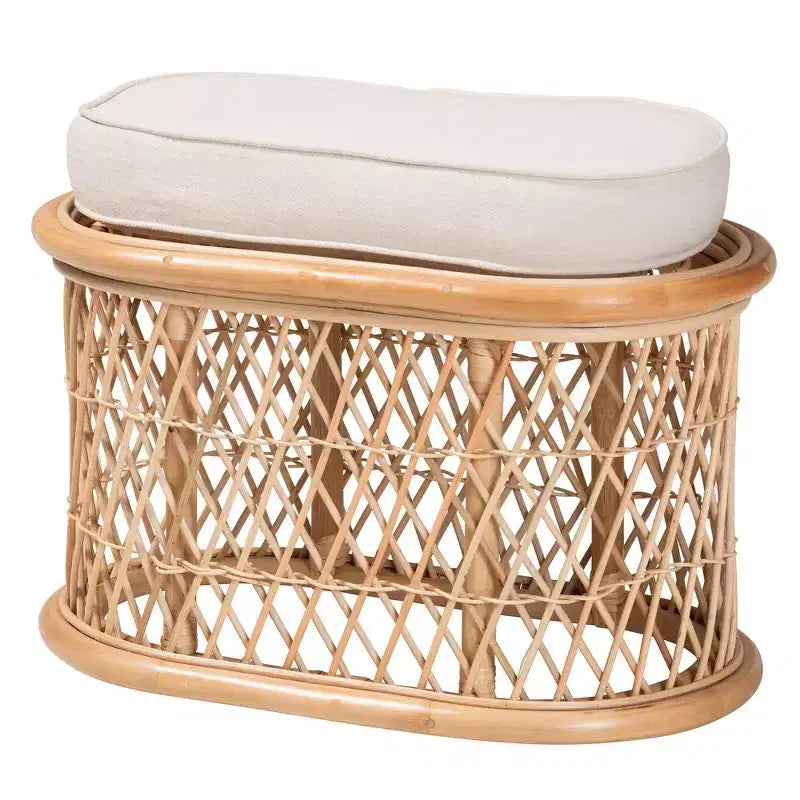 bali & pari Ladonna Ottoman en rotin naturel Repose-pieds Naturel : Banc d'intérieur rembourré, Forme ovale, Aucun assemblage requis