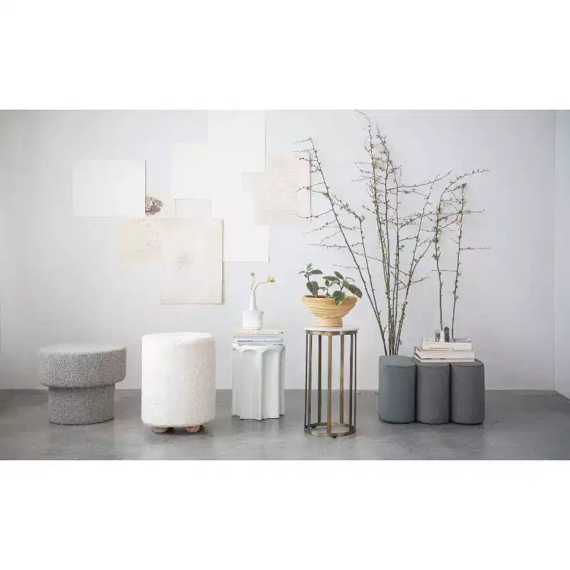 Pouf carré en velours de coton avec passepoil crème : Repose-pieds rembourré, base en pin, capacité de 150 kg
