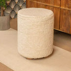 Pouf carré en velours de coton avec passepoil crème : Repose-pieds rembourré, base en pin, capacité de 150 kg