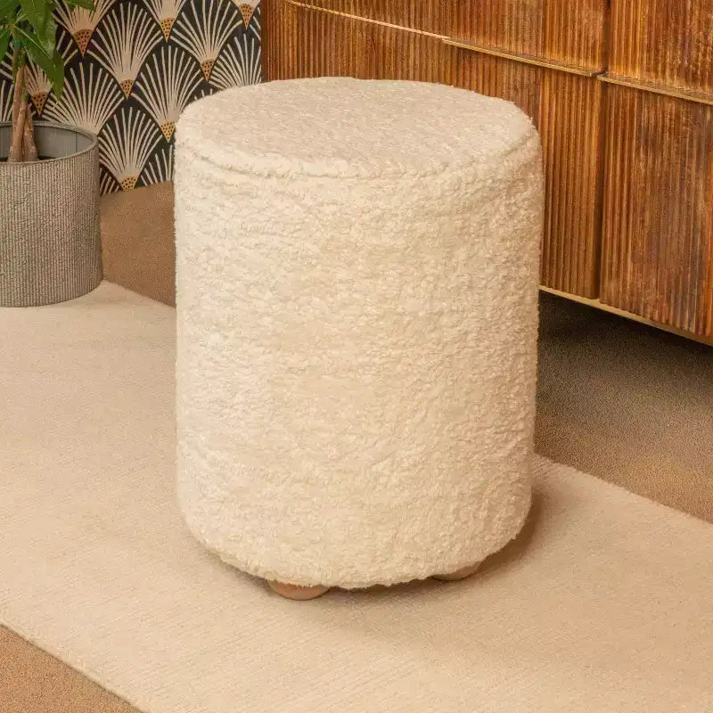 Pouf carré en velours de coton avec passepoil crème : Repose-pieds rembourré, base en pin, capacité de 150 kg
