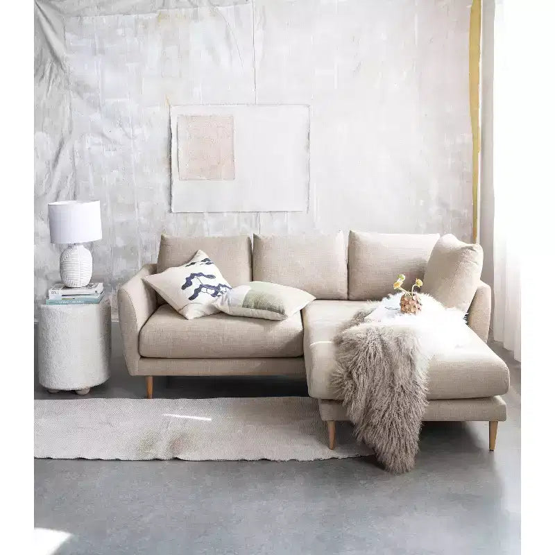 Pouf carré en velours de coton avec passepoil crème : Repose-pieds rembourré, base en pin, capacité de 150 kg