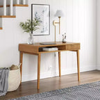 Bureau bohème en bois cannelé avec tiroir et compartiment ouvert marron naturel : surface plaquée, cadre en bois, nettoyage localisé, 78,7 cm H x 109,2 cm L x 61 cm P