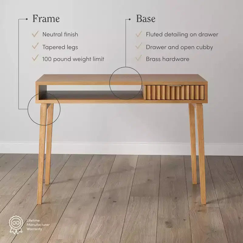 Bureau bohème en bois cannelé avec tiroir et compartiment ouvert marron naturel : surface plaquée, cadre en bois, nettoyage localisé, 78,7 cm H x 109,2 cm L x 61 cm P