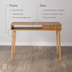 Bureau bohème en bois cannelé avec tiroir et compartiment ouvert marron naturel : surface plaquée, cadre en bois, nettoyage localisé, 78,7 cm H x 109,2 cm L x 61 cm P