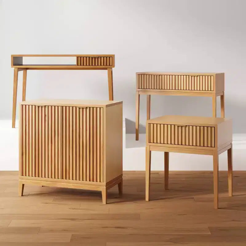 Bureau bohème en bois cannelé avec tiroir et compartiment ouvert marron naturel : surface plaquée, cadre en bois, nettoyage localisé, 78,7 cm H x 109,2 cm L x 61 cm P
