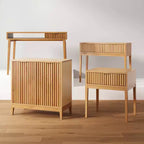 Bureau bohème en bois cannelé avec tiroir et compartiment ouvert marron naturel : surface plaquée, cadre en bois, nettoyage localisé, 78,7 cm H x 109,2 cm L x 61 cm P