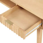 Bureau bohème en bois cannelé avec tiroir et compartiment ouvert marron naturel : surface plaquée, cadre en bois, nettoyage localisé, 78,7 cm H x 109,2 cm L x 61 cm P