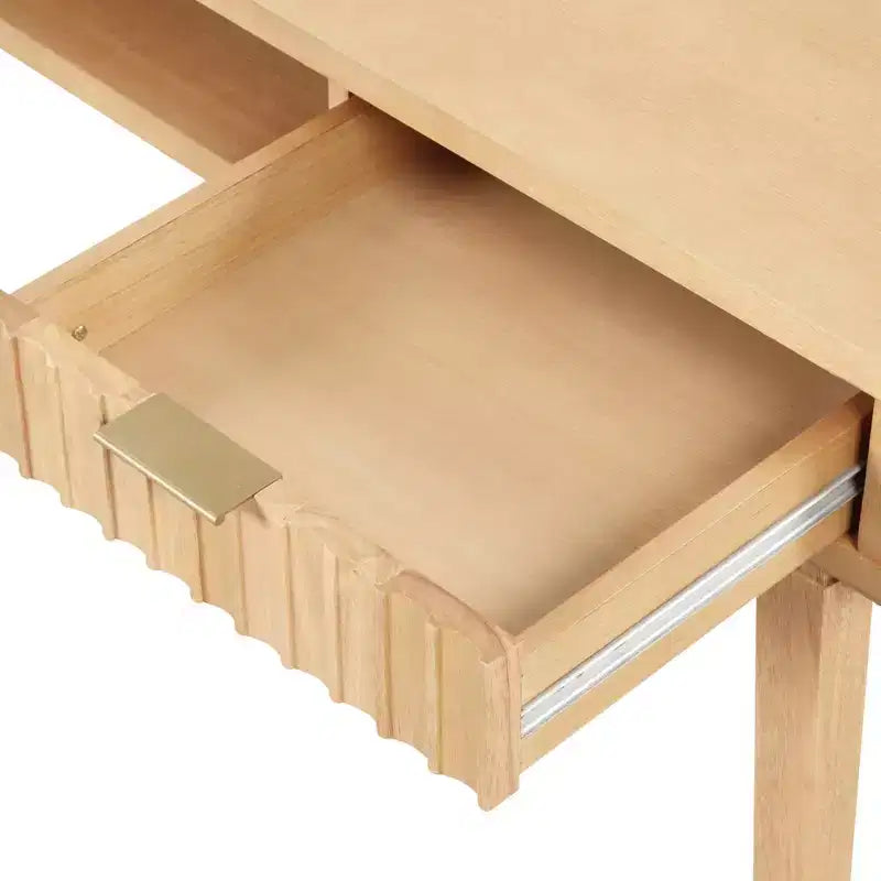 Bureau bohème en bois cannelé avec tiroir et compartiment ouvert marron naturel : surface plaquée, cadre en bois, nettoyage localisé, 78,7 cm H x 109,2 cm L x 61 cm P
