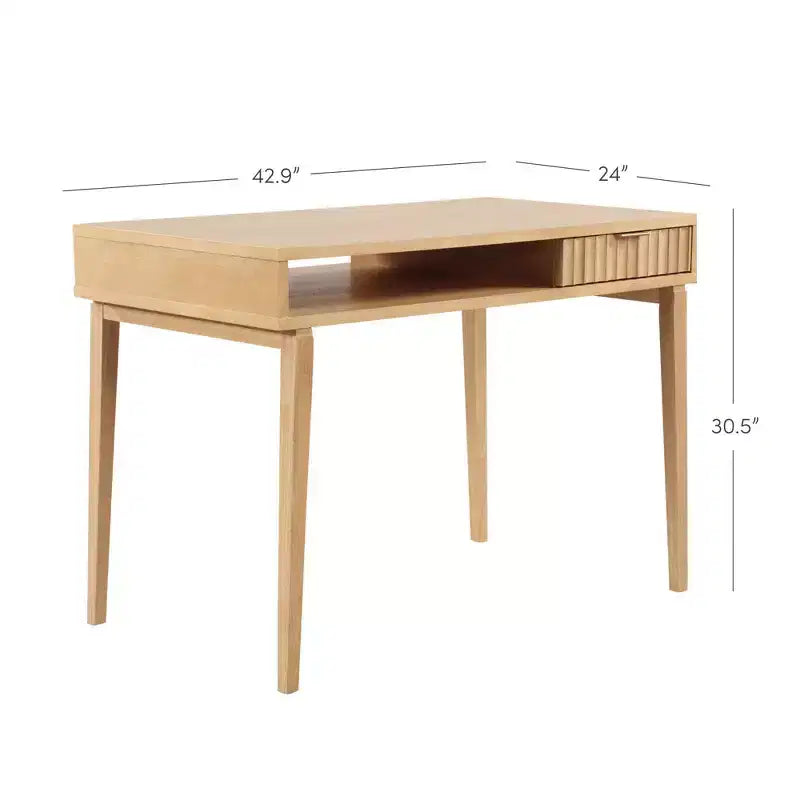 Bureau bohème en bois cannelé avec tiroir et compartiment ouvert marron naturel : surface plaquée, cadre en bois, nettoyage localisé, 78,7 cm H x 109,2 cm L x 61 cm P