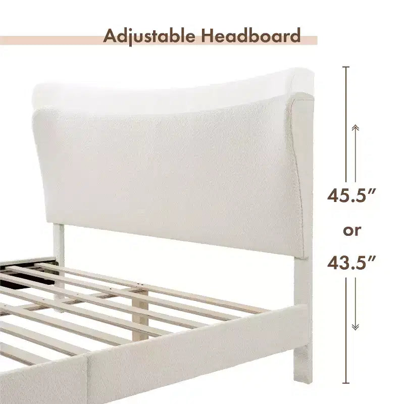 Lit plateforme capitonné en bouclé moderne avec dossier ailé Queen Heartwild blanc, en vente 24h/24 et 7j/7