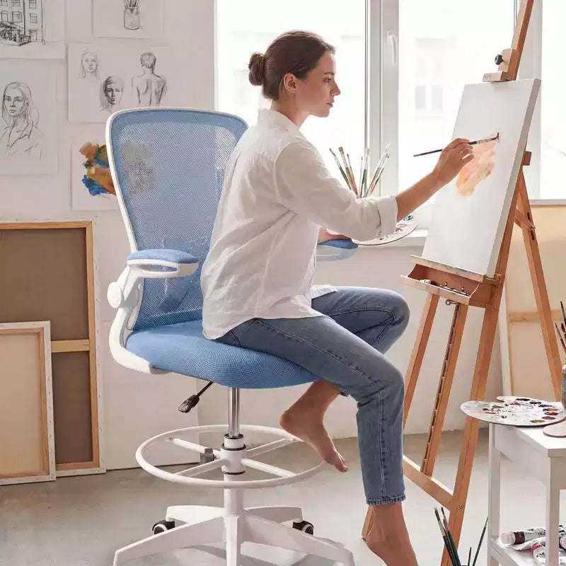 Chaise de dessinateur pivotante réglable avec accoudoirs relevables, support lombaire réglable Noir et Blanc/Noir