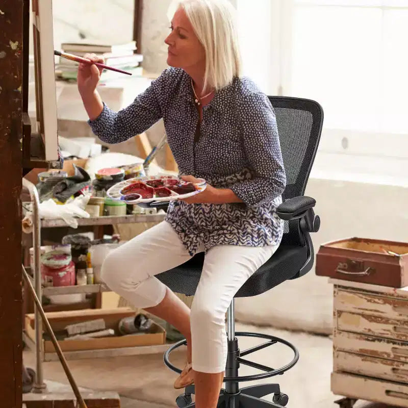 Chaise de dessinateur pivotante réglable avec accoudoirs relevables, support lombaire réglable Noir et Blanc/Noir