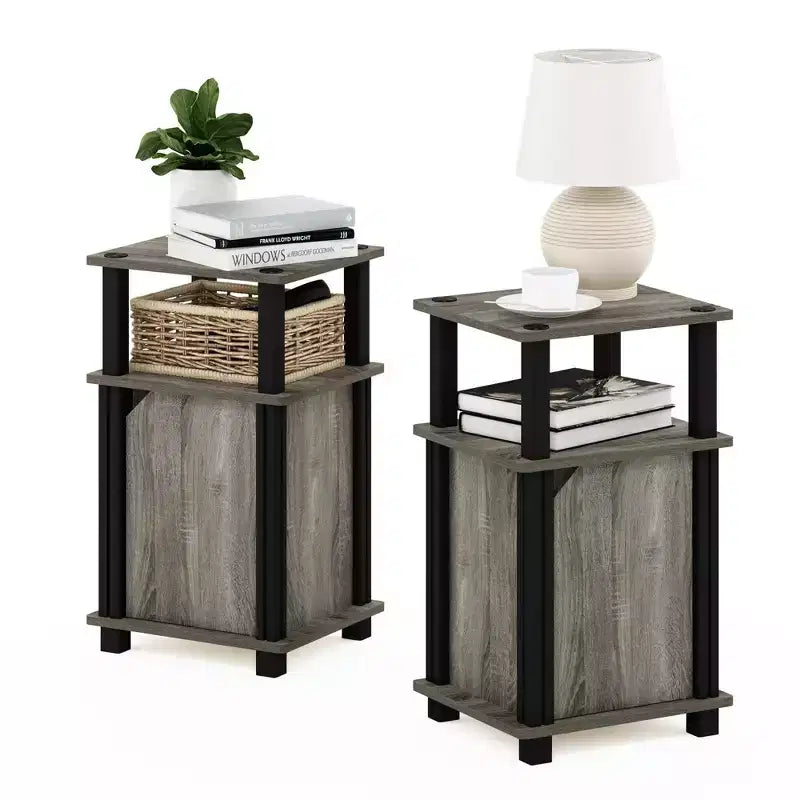 Lot de 2 tables d'appoint de style Mid-Century à 3 niveaux pour canapé, téléphone, table de chevet, avec armoire de rangement et étagère ouverte, chêne français/noir