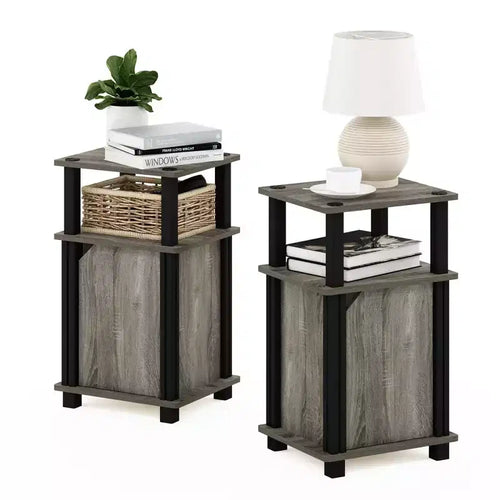 Lot de 2 tables d'appoint de style Mid-Century à 3 niveaux pour canapé, téléphone, table de chevet, avec armoire de rangement et étagère ouverte, chêne français/noir