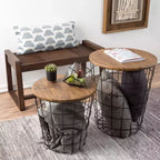 Lot de 2 tables gigognes avec rangement – Tables d'appoint avec plateaux en bois amovibles et structure en panier métallique