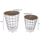 Lot de 2 tables gigognes avec rangement – Tables d'appoint avec plateaux en bois amovibles et structure en panier métallique