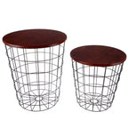 Lot de 2 tables gigognes avec rangement – Tables d'appoint avec plateaux en bois amovibles et structure en panier métallique