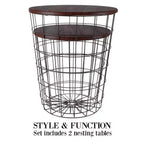 Lot de 2 tables gigognes avec rangement – Tables d'appoint avec plateaux en bois amovibles et structure en panier métallique