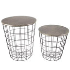 Lot de 2 tables gigognes avec rangement – Tables d'appoint avec plateaux en bois amovibles et structure en panier métallique