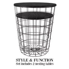 Lot de 2 tables gigognes avec rangement – Tables d'appoint avec plateaux en bois amovibles et structure en panier métallique