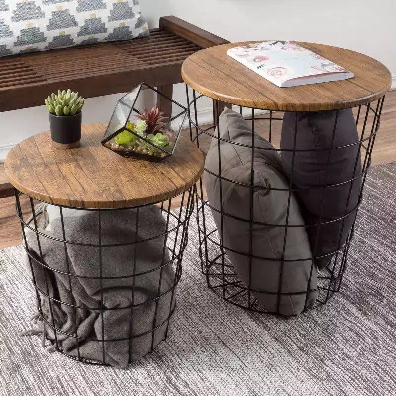 Set of 2 Nesting Tables with Storage - End Tables with Removable Wood Tops and Metal Basket Frame