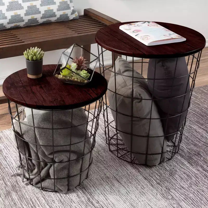 Set of 2 Nesting Tables with Storage - End Tables with Removable Wood Tops and Metal Basket Frame