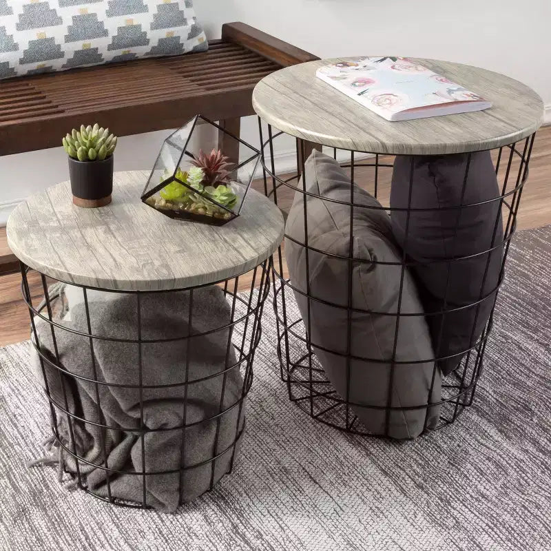 Set of 2 Nesting Tables with Storage - End Tables with Removable Wood Tops and Metal Basket Frame