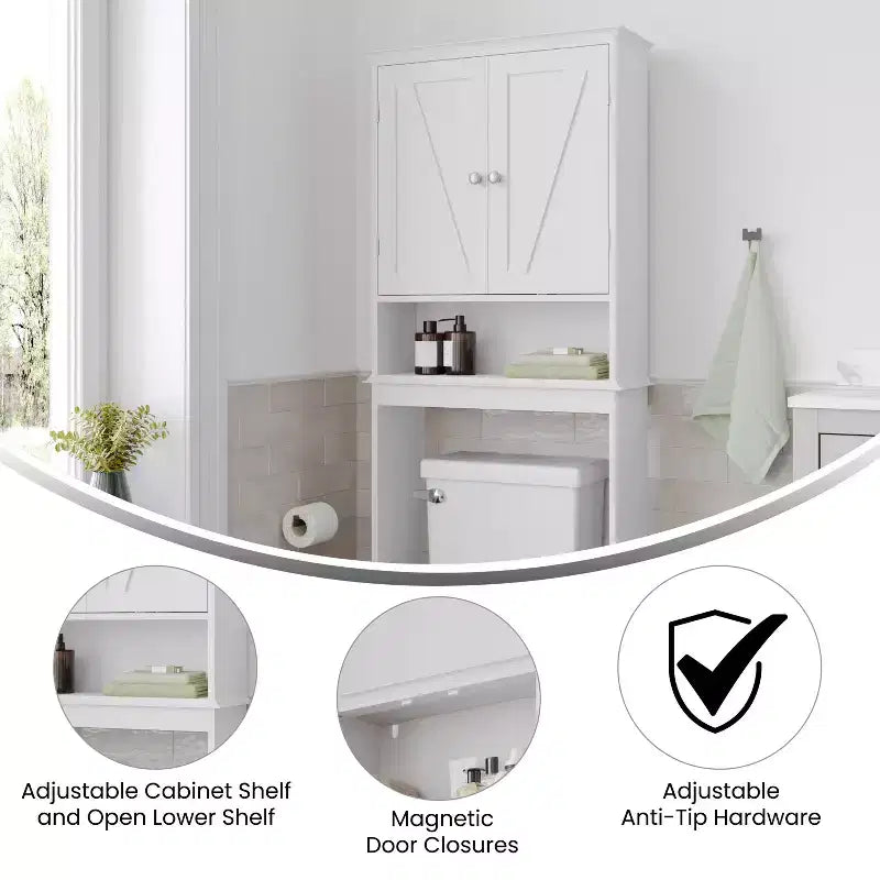 Dune Farmhouse : Meuble de rangement de salle de bain à poser au-dessus des toilettes, avec portes à fermeture magnétique, étagère réglable et étagère inférieure ouverte