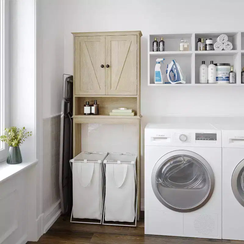 Dune Farmhouse : Meuble de rangement de salle de bain à poser au-dessus des toilettes, avec portes à fermeture magnétique, étagère réglable et étagère inférieure ouverte