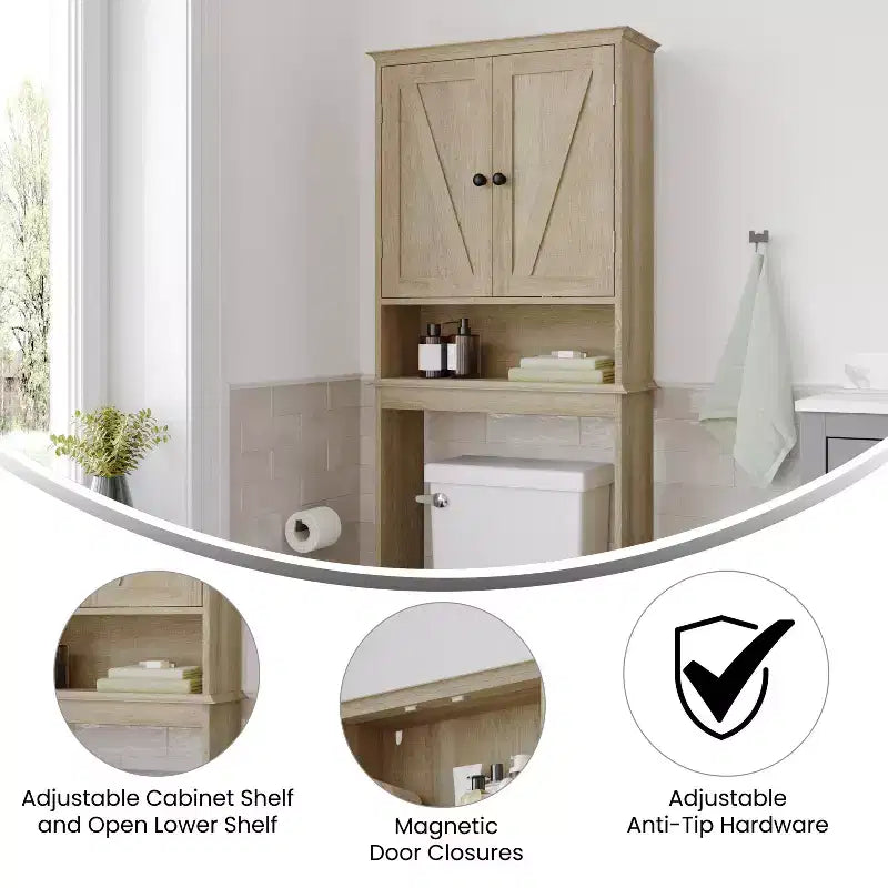 Dune Farmhouse : Meuble de rangement de salle de bain à poser au-dessus des toilettes, avec portes à fermeture magnétique, étagère réglable et étagère inférieure ouverte