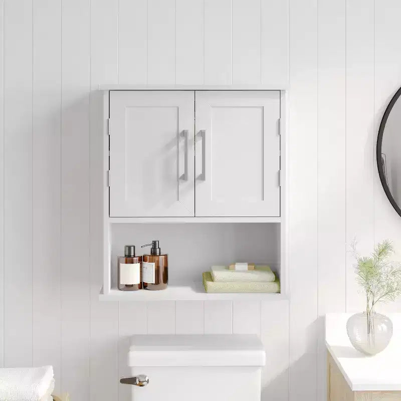 Armoire de toilette murale Vega avec portes à fermeture magnétique, étagère réglable et étagère inférieure ouverte