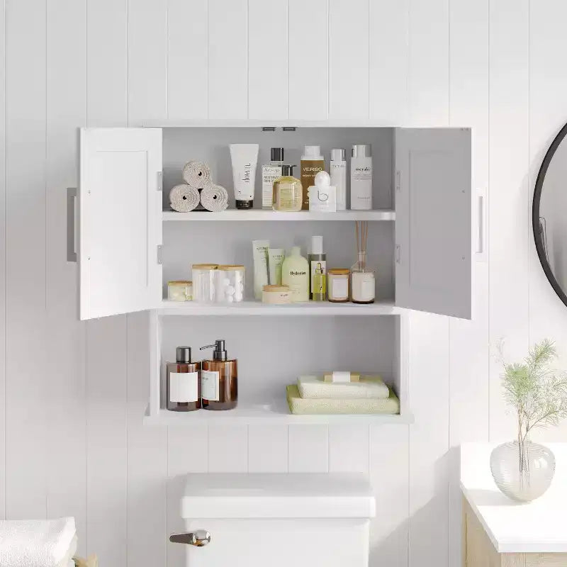 Armoire de toilette murale Vega avec portes à fermeture magnétique, étagère réglable et étagère inférieure ouverte