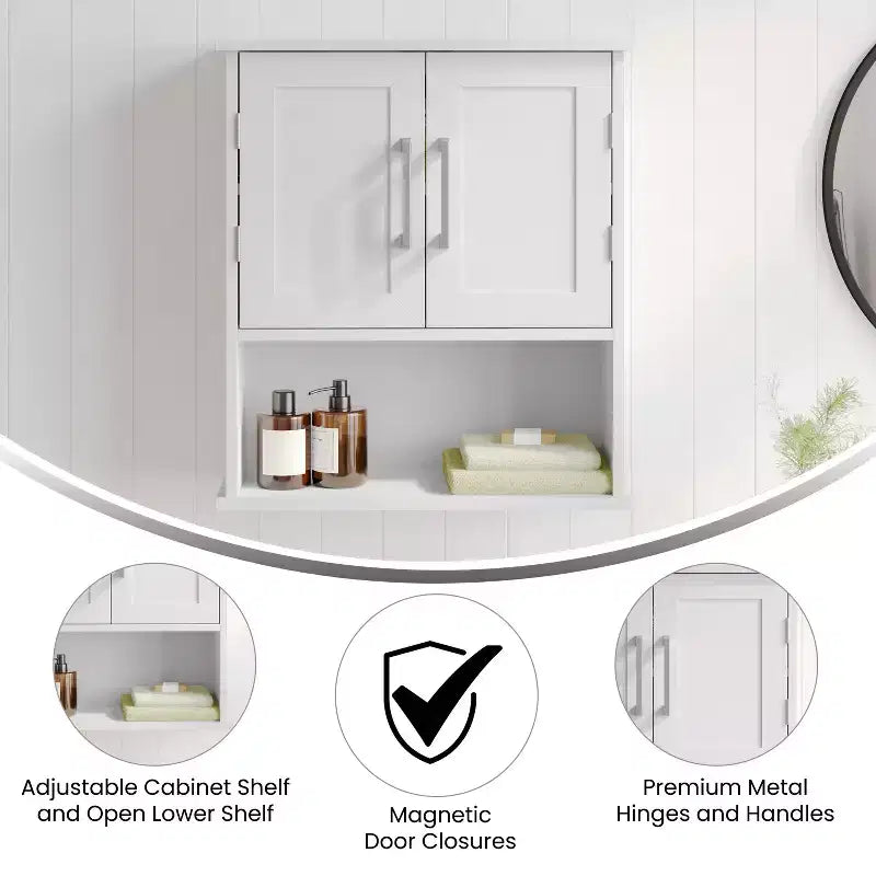 Armoire de toilette murale Vega avec portes à fermeture magnétique, étagère réglable et étagère inférieure ouverte