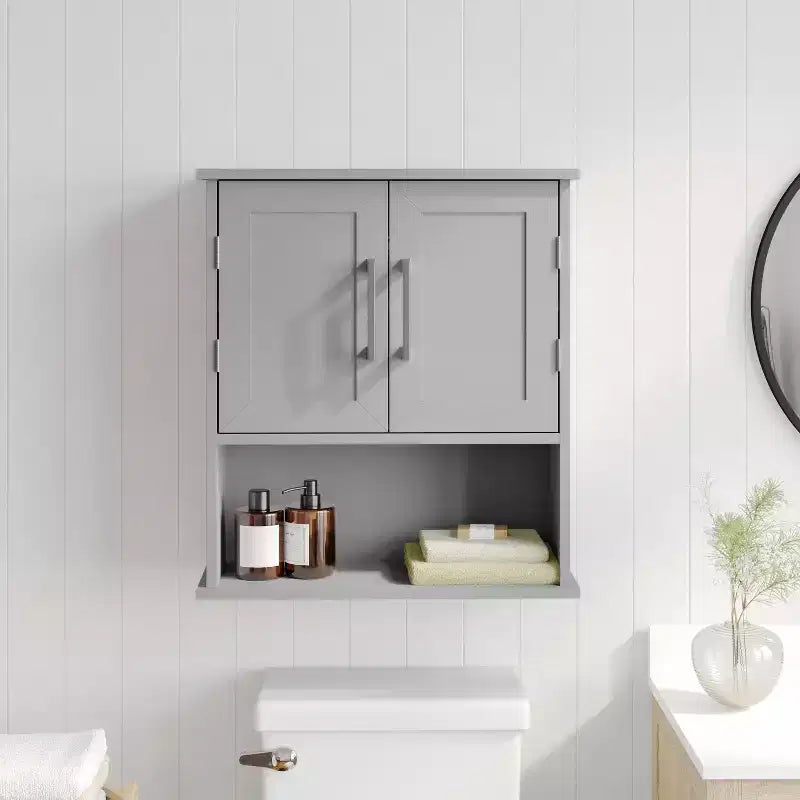 Armoire de toilette murale Vega avec portes à fermeture magnétique, étagère réglable et étagère inférieure ouverte