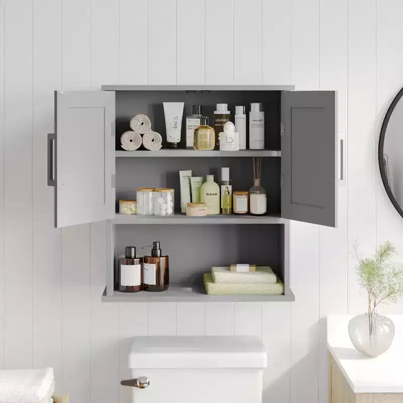 Armoire de toilette murale Vega avec portes à fermeture magnétique, étagère réglable et étagère inférieure ouverte