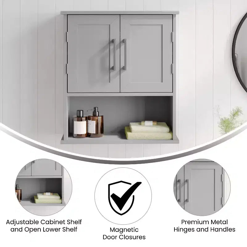 Armoire de toilette murale Vega avec portes à fermeture magnétique, étagère réglable et étagère inférieure ouverte